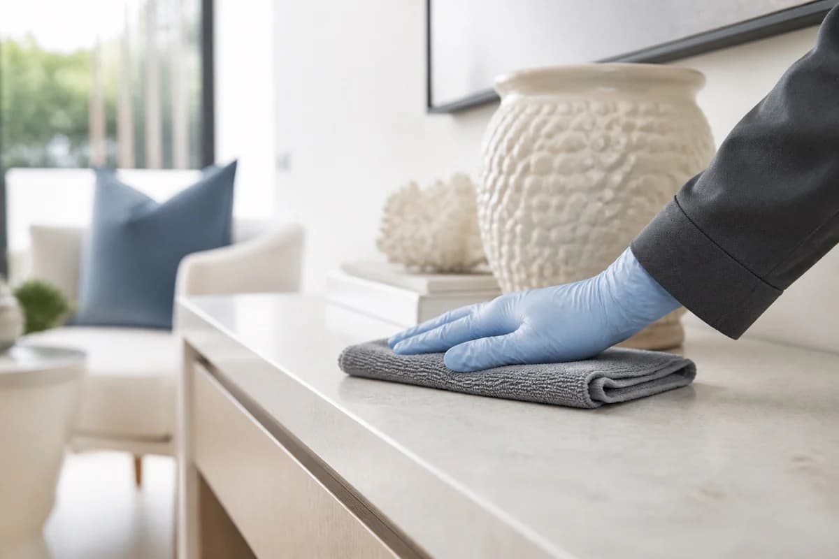 Cleaner wiping a stone console in a pristine display home