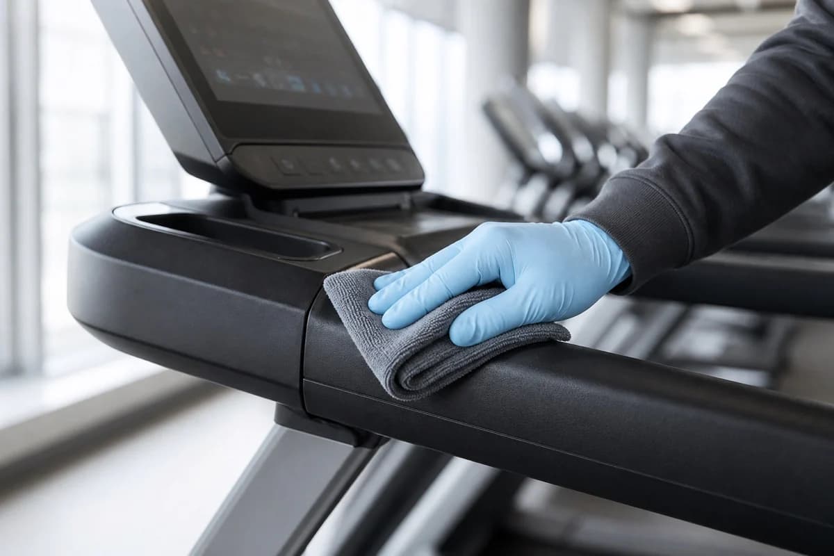 Cleaner sanitising a treadmill in a modern gym