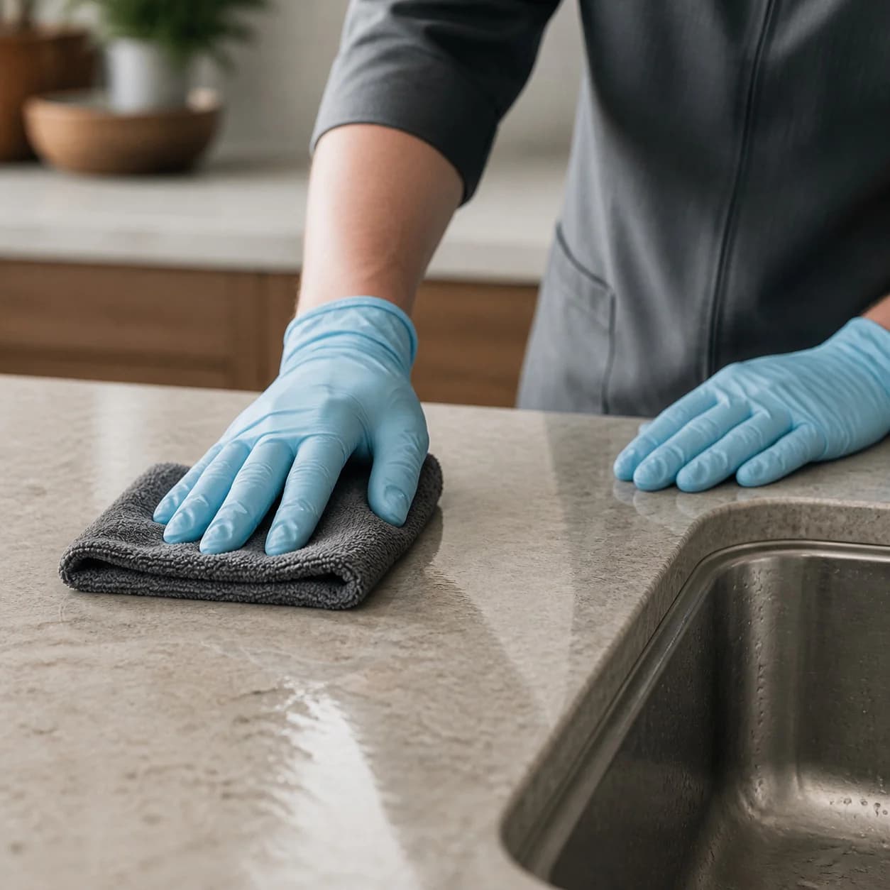 Cleaner wiping a stone kitchen countertop beside a sink