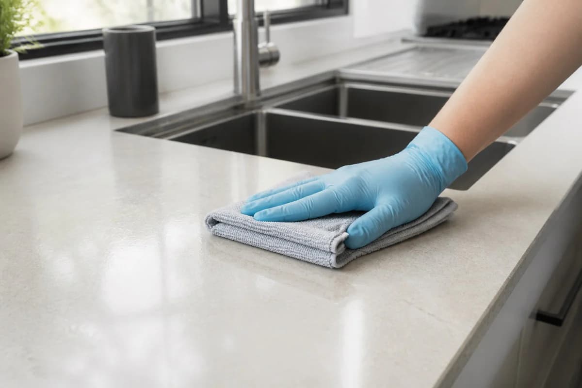 Cleaner wiping a kitchen countertop beside a stainless steel sink