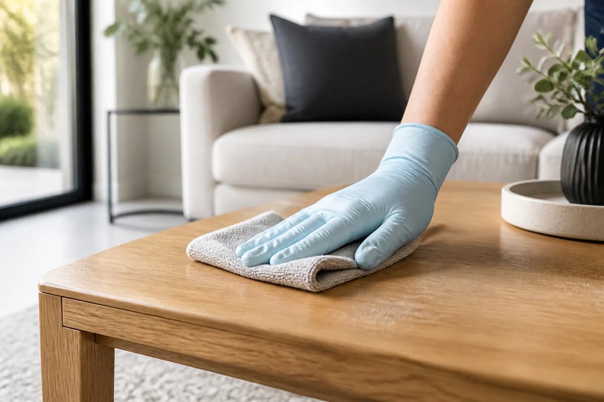 Cleaner wiping a wooden table in a modern living room