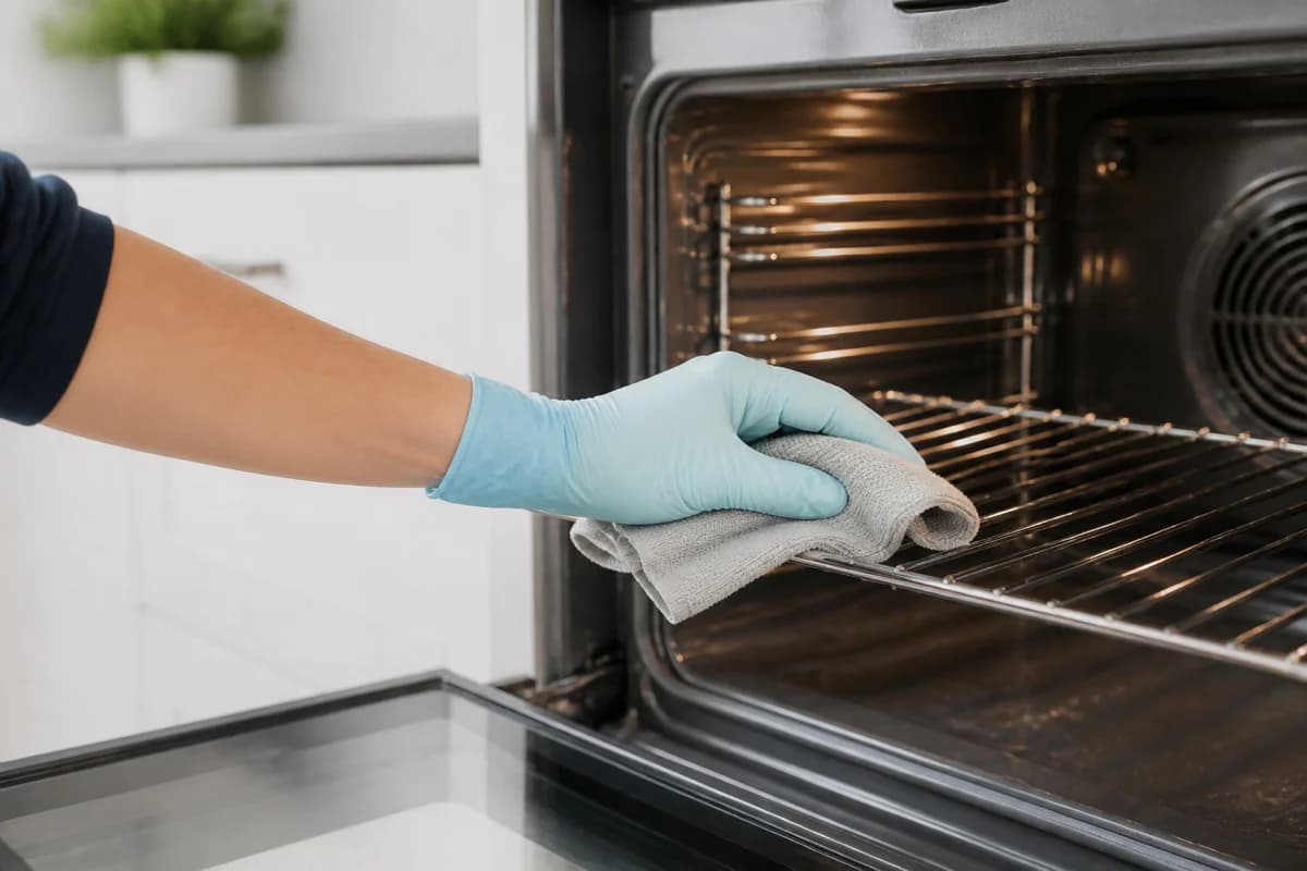 Cleaner wiping the inside rack of a modern oven