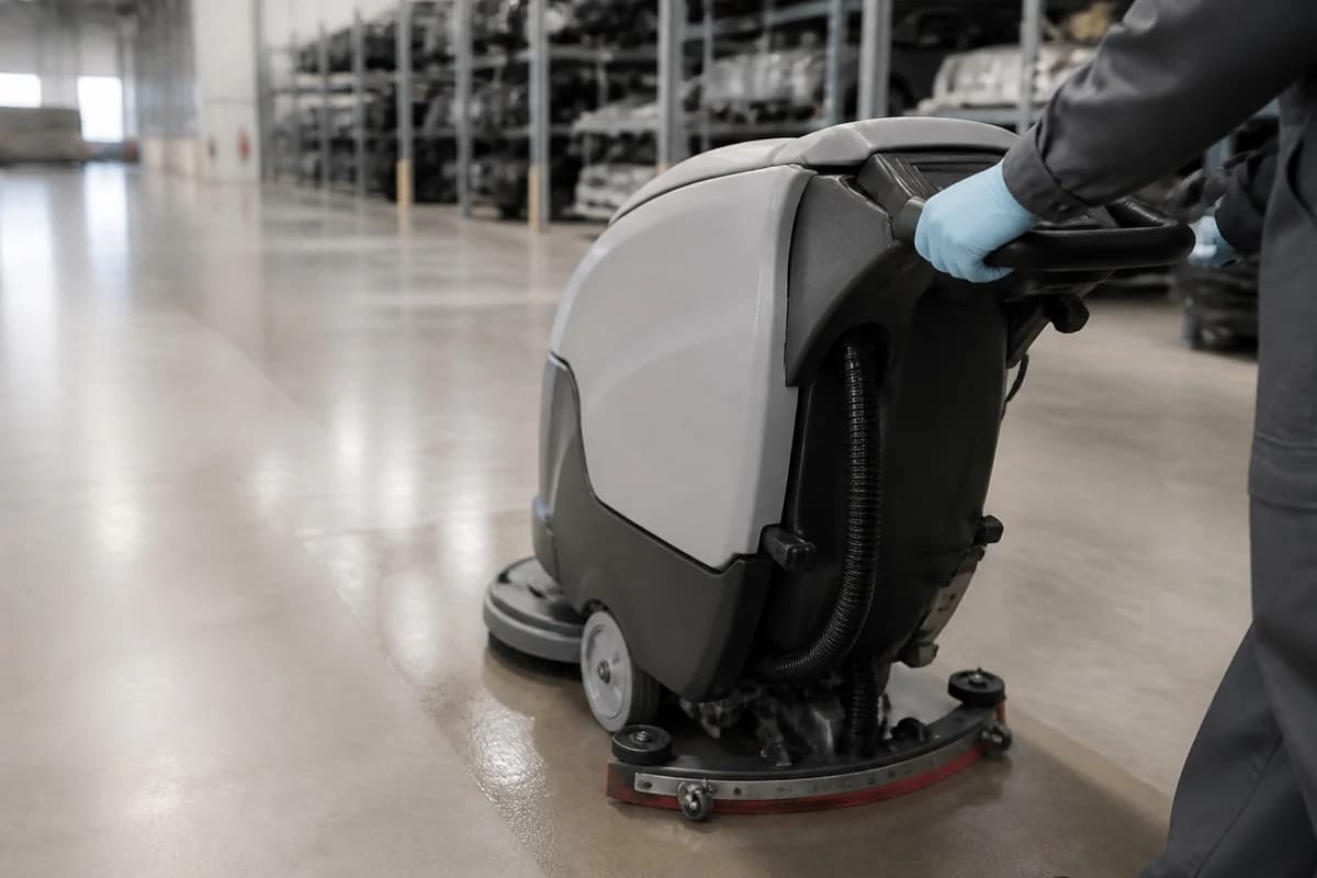 Cleaner operating a professional floor scrubber in a warehouse