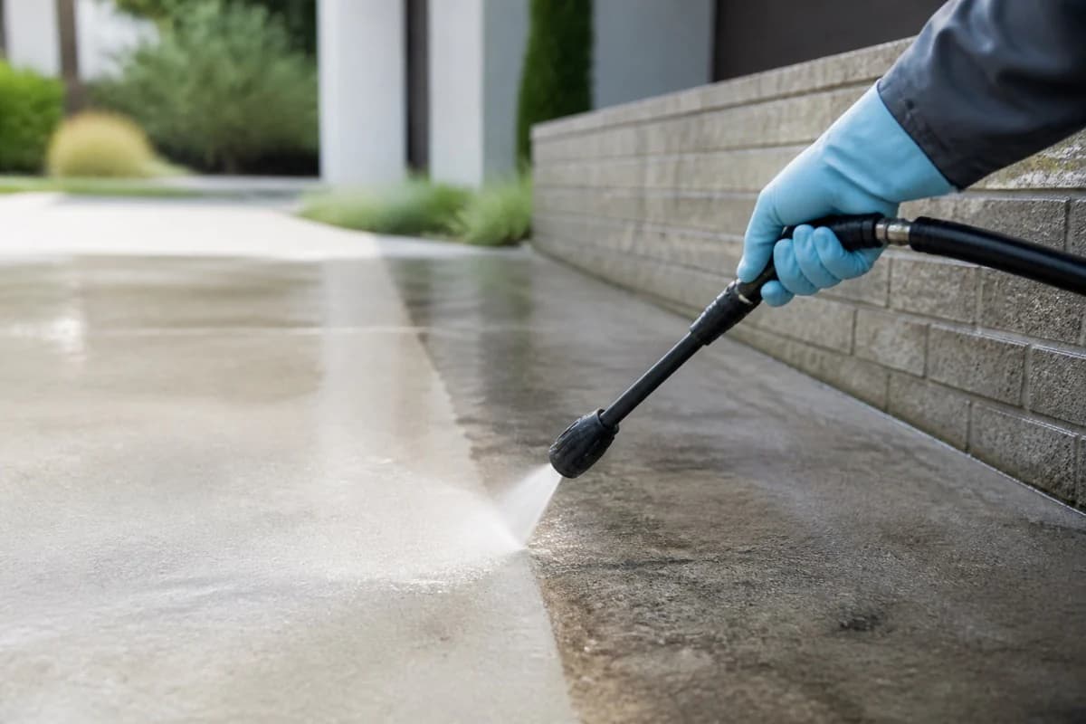 Cleaner pressure washing a concrete driveway
