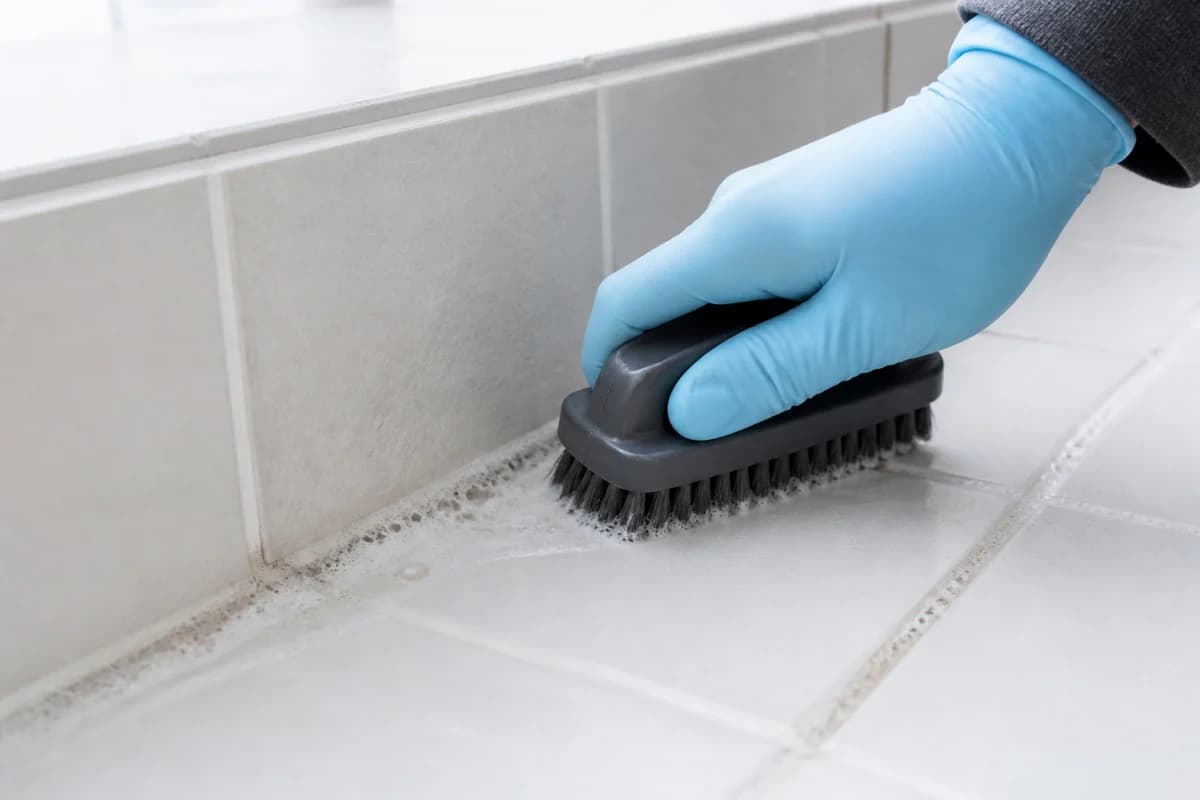 Cleaner scrubbing grout between pale floor tiles