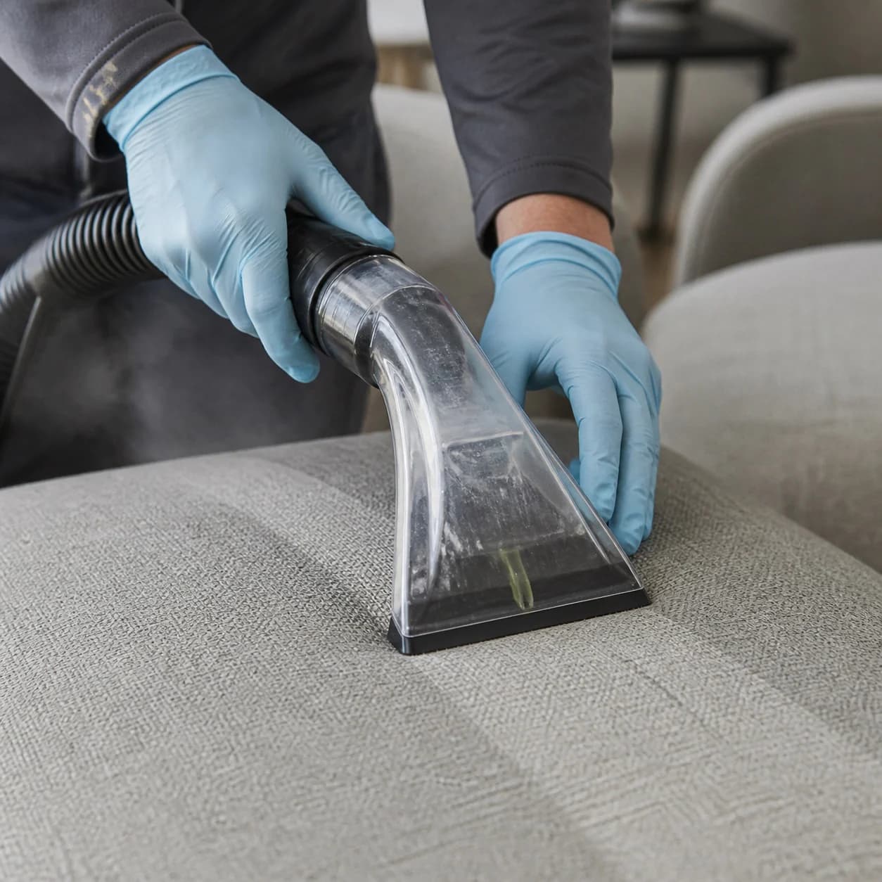 Cleaner steam extracting a light-grey upholstered chair